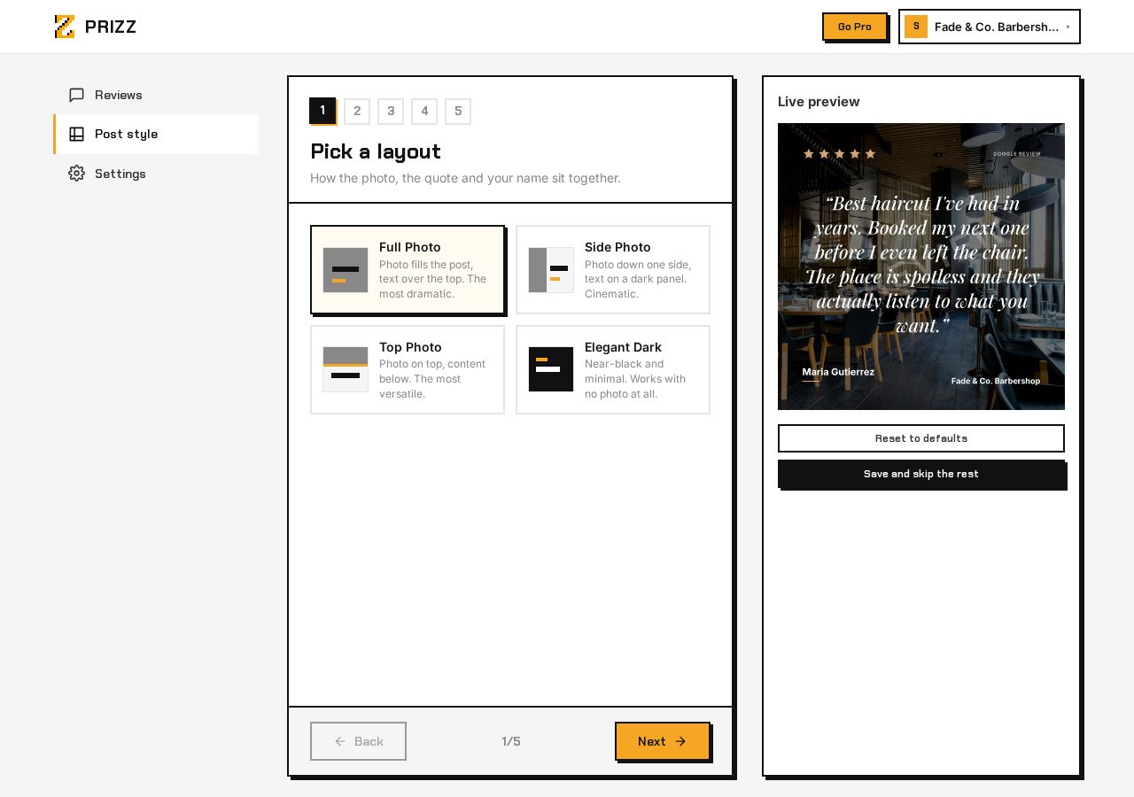 The Prizz style wizard, showing four layout choices on the left and a live preview of the finished post on the right