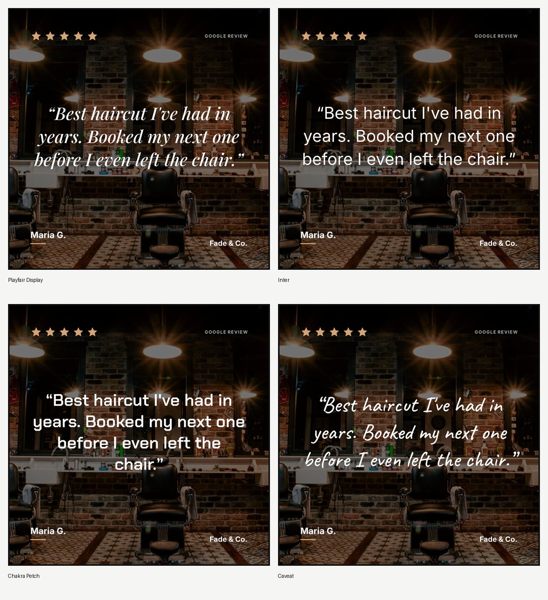 The same review set in all four Prizz fonts: Playfair Display, Inter, Chakra Petch and Caveat