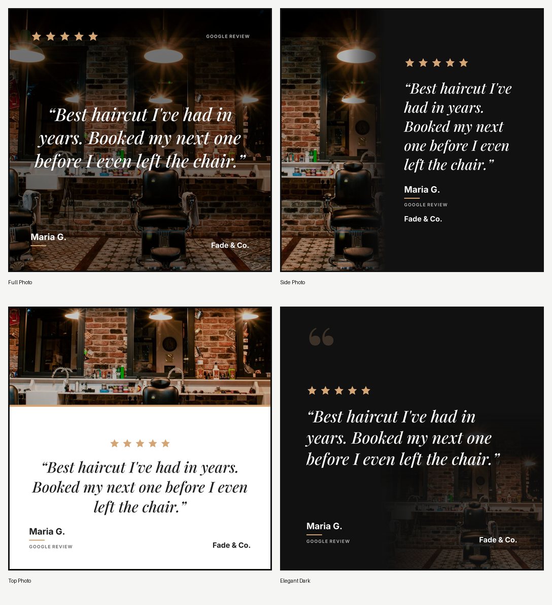 The same five-star review rendered in all four Prizz layouts: Full Photo, Side Photo, Top Photo and Elegant Dark