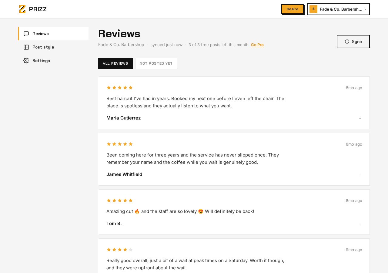 The Prizz reviews screen, showing a business's Google reviews synced and ready to turn into posts