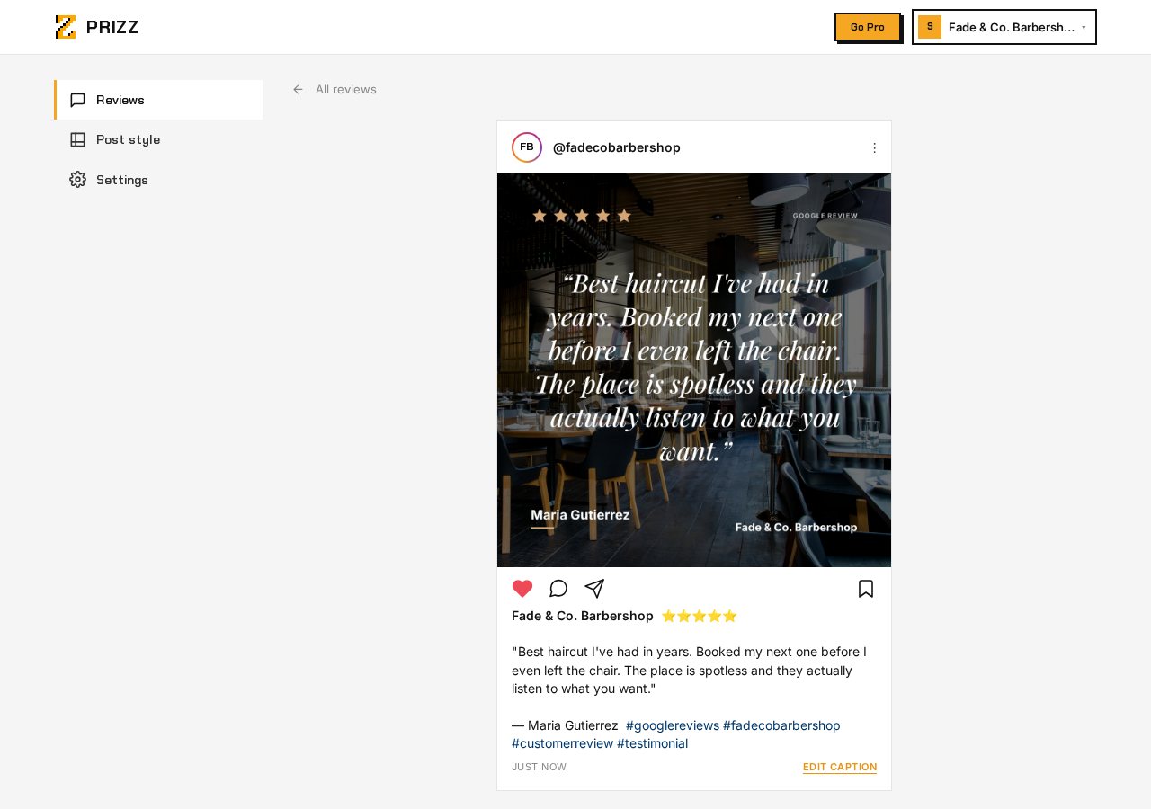 The Prizz share screen, showing a finished Instagram post made from a five-star Google review with its caption ready to send