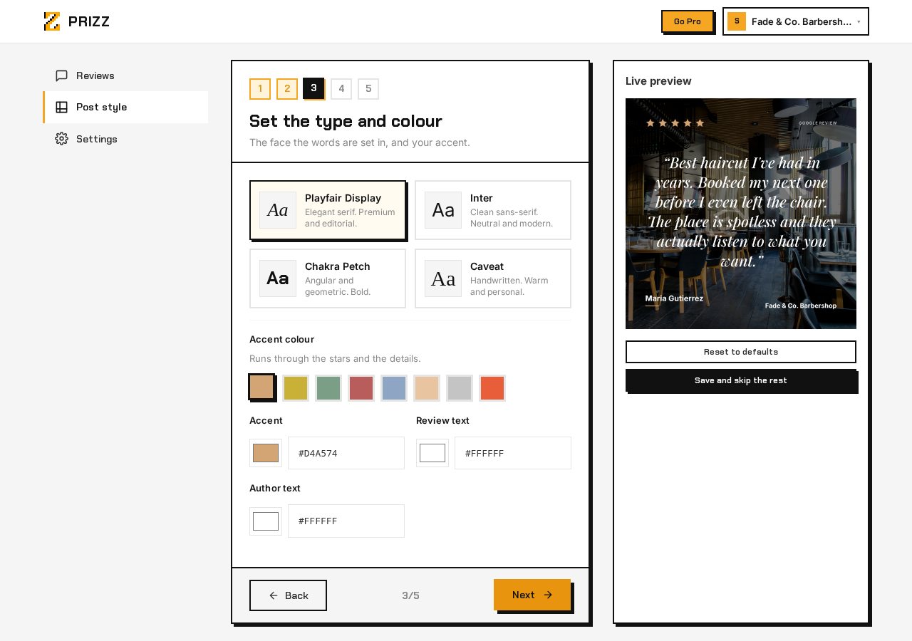The type step of the Prizz wizard, showing Playfair Display, Inter, Chakra Petch and Caveat with a row of accent colour swatches