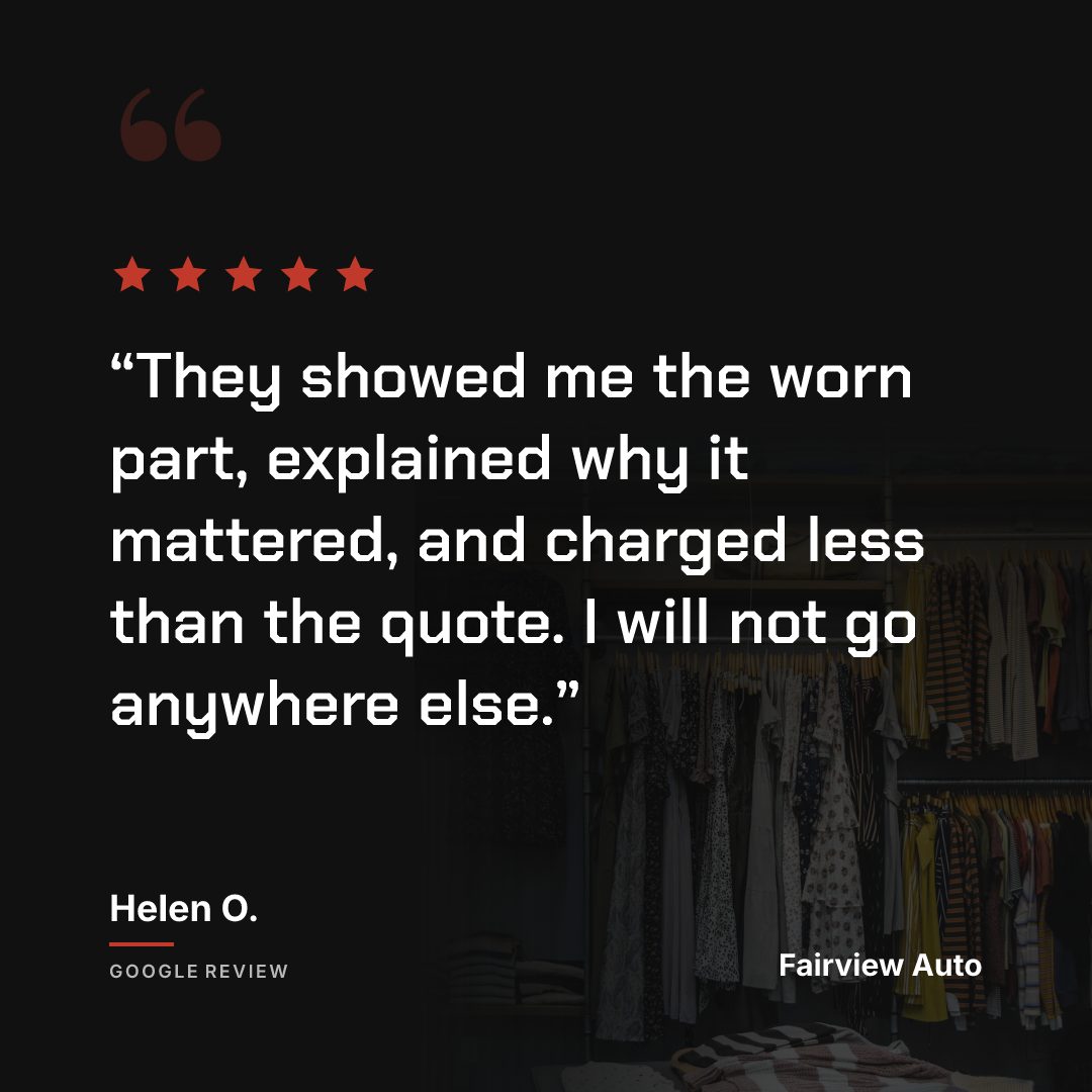 A five-star Google review for an auto shop, laid out as an Instagram post on a dark background