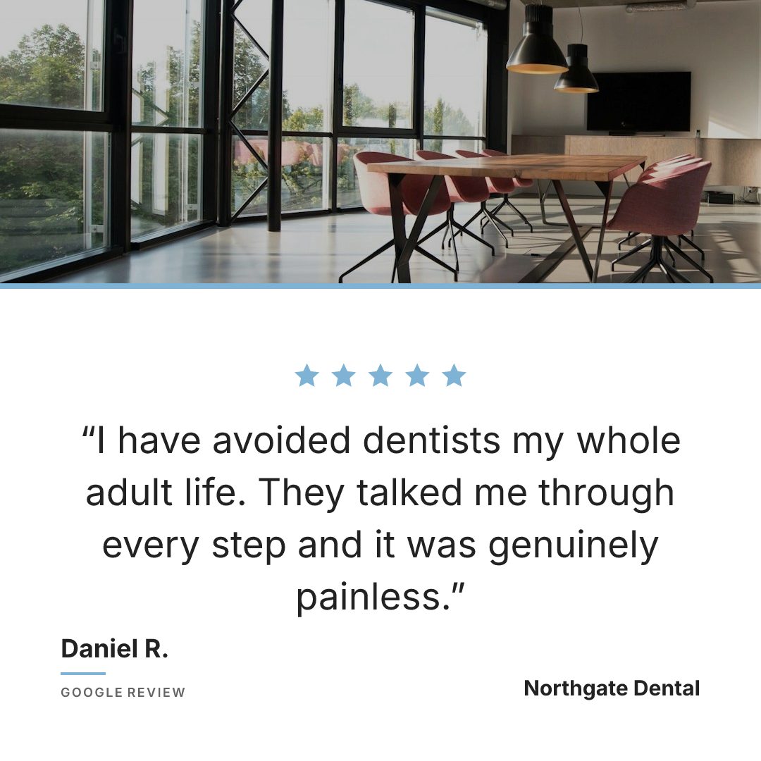 A five-star Google review for a dental practice, laid out as a calm, clinical Instagram post