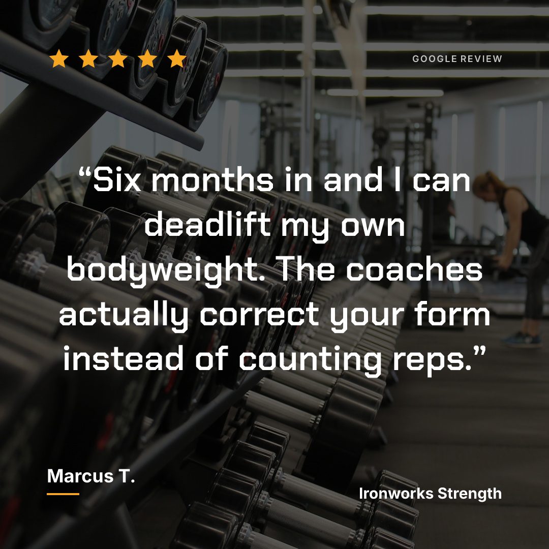 A five-star Google review for a gym, laid out as a bold Instagram post over a photo of the gym floor