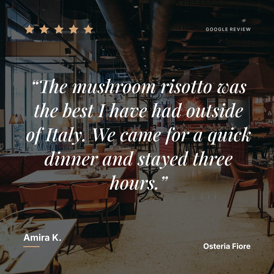 A five-star Google review for a restaurant, laid out as an Instagram post over a photo of the dining room