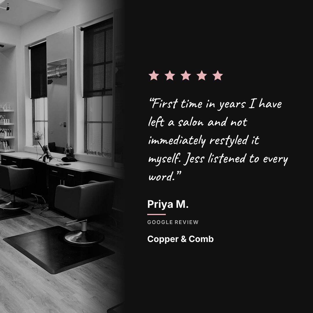 A five-star Google review for a salon, laid out as an Instagram post in a handwritten quote face